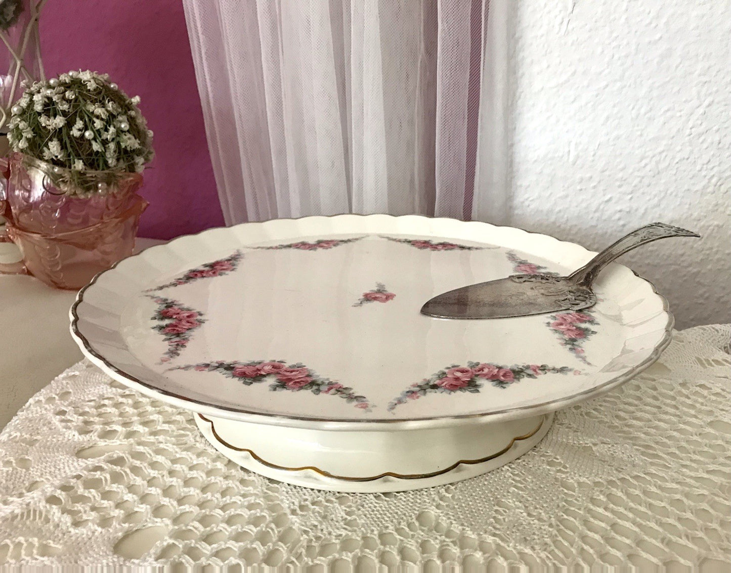Antik Max Rösler Keramik Tortenplatte Tortenständer Rosen Art Déco
