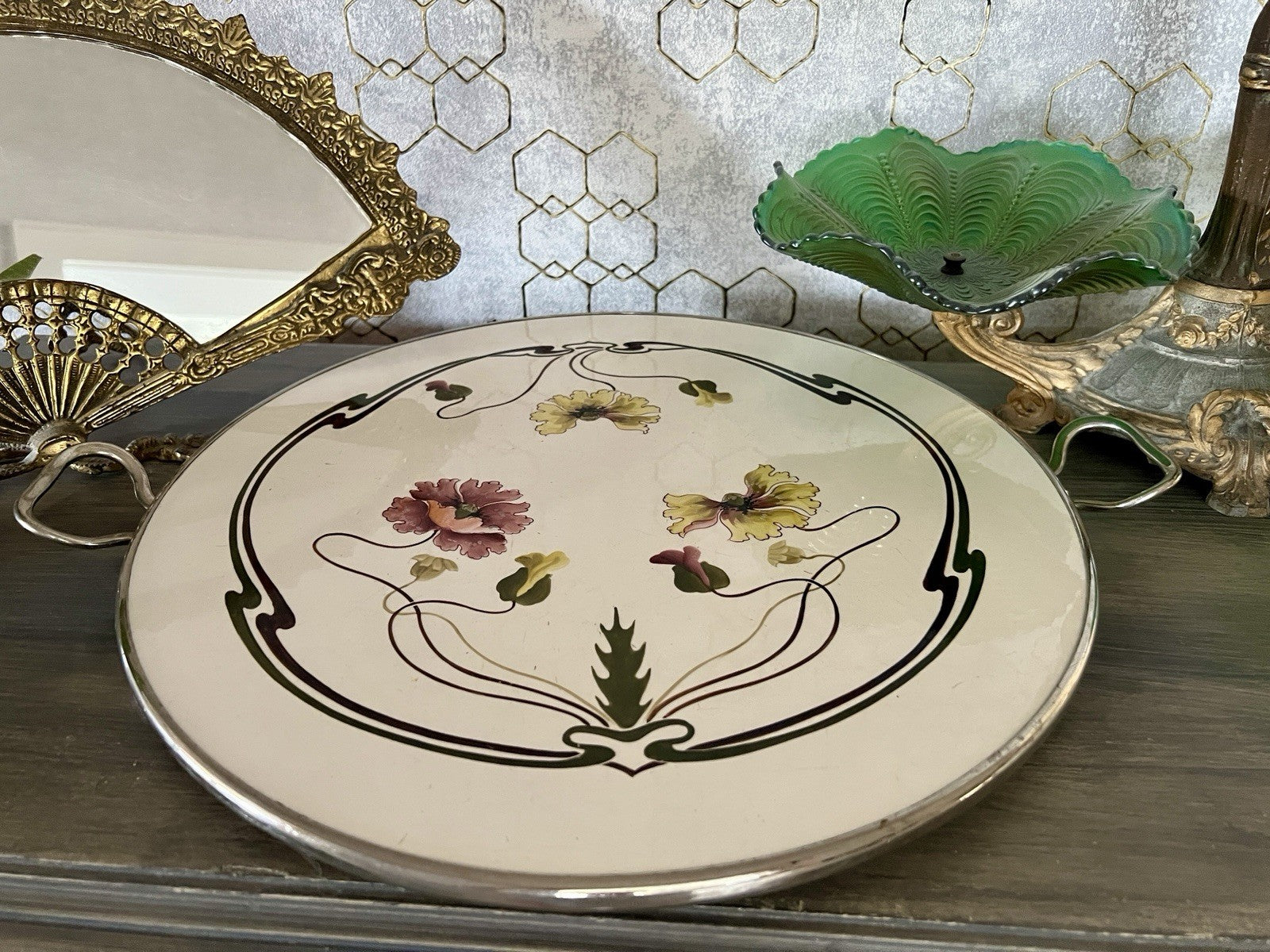 Antik WMF Jugendstil Art Deco Tortenplatte  Metallmontur Porzellan Keramik