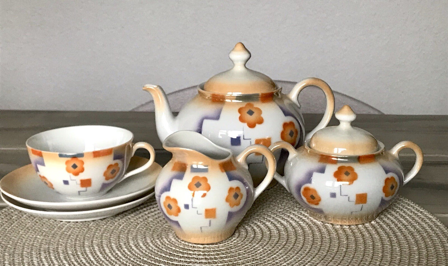 Antik Art Déco Porzellan Kaffeeservice Spritzdekor Moccaservice
