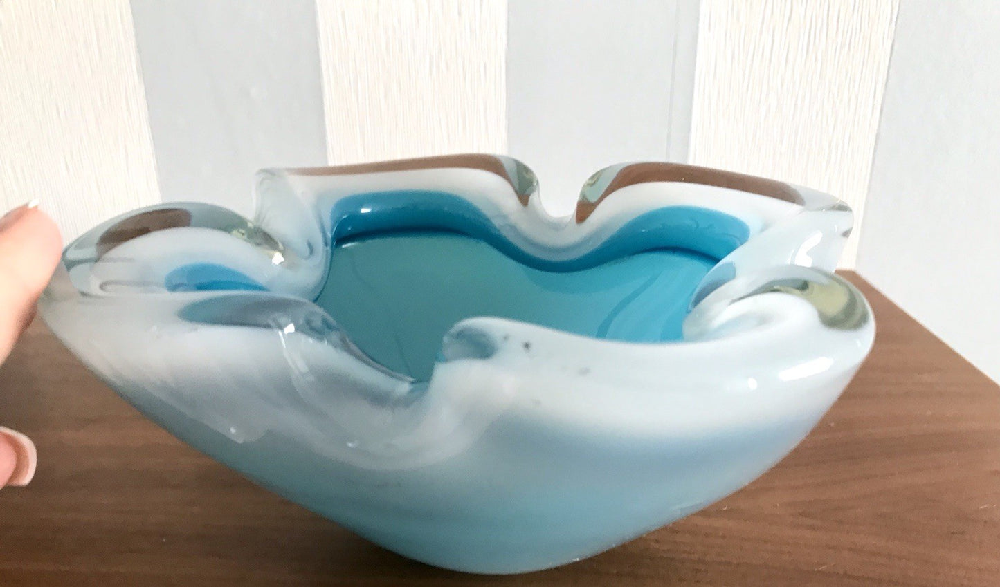 Vintage 60er Murano Glas Schale Barovier? türkis blau weiß edel