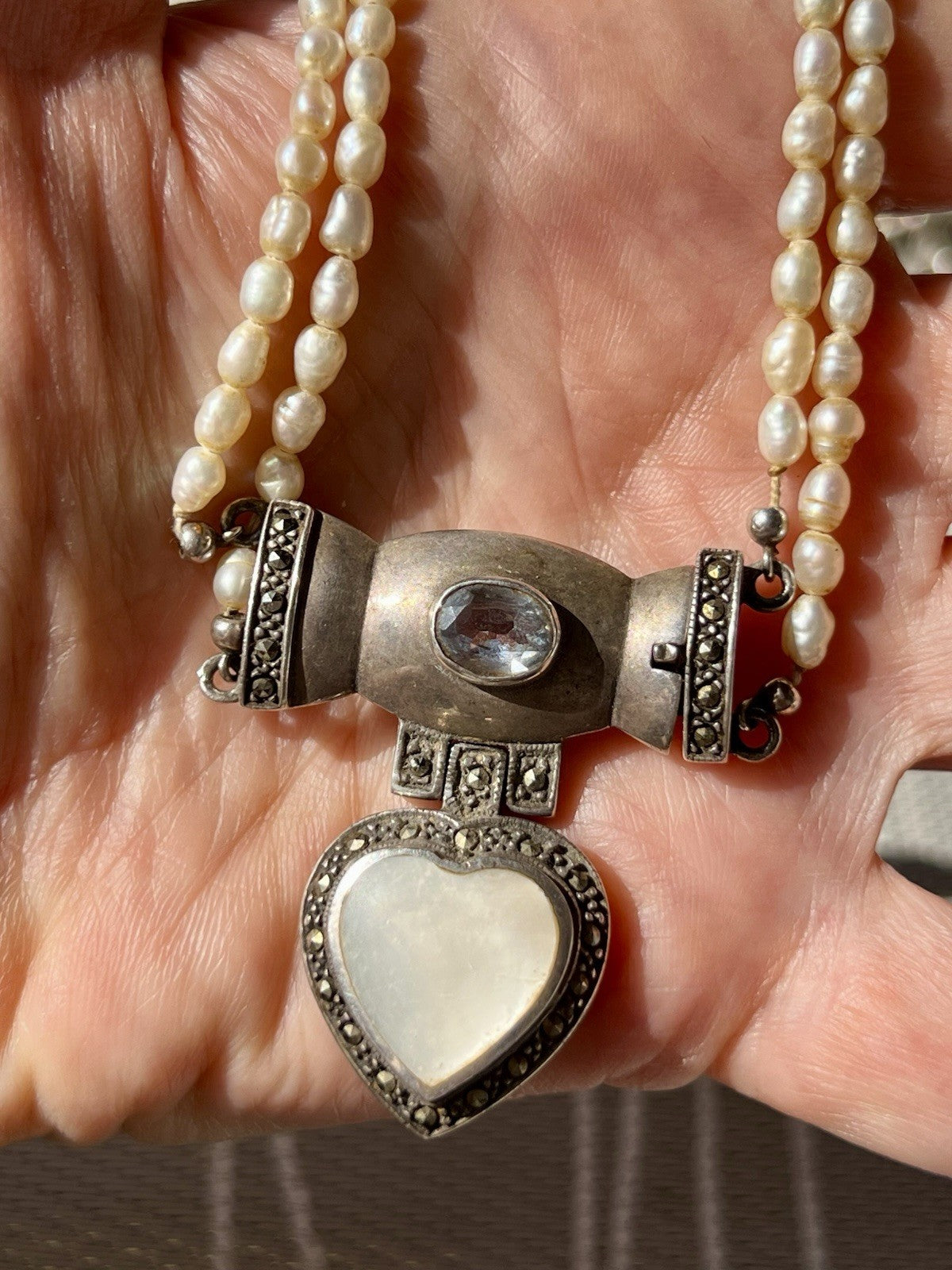 Antik  Jugendstil Silber Collier Perlen Halskette Herz Markasite blauer Stein
