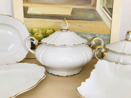 Antik Art Déco Porzellan Tafelservice Carstens Sorau weiß goldene Ranke EDEL