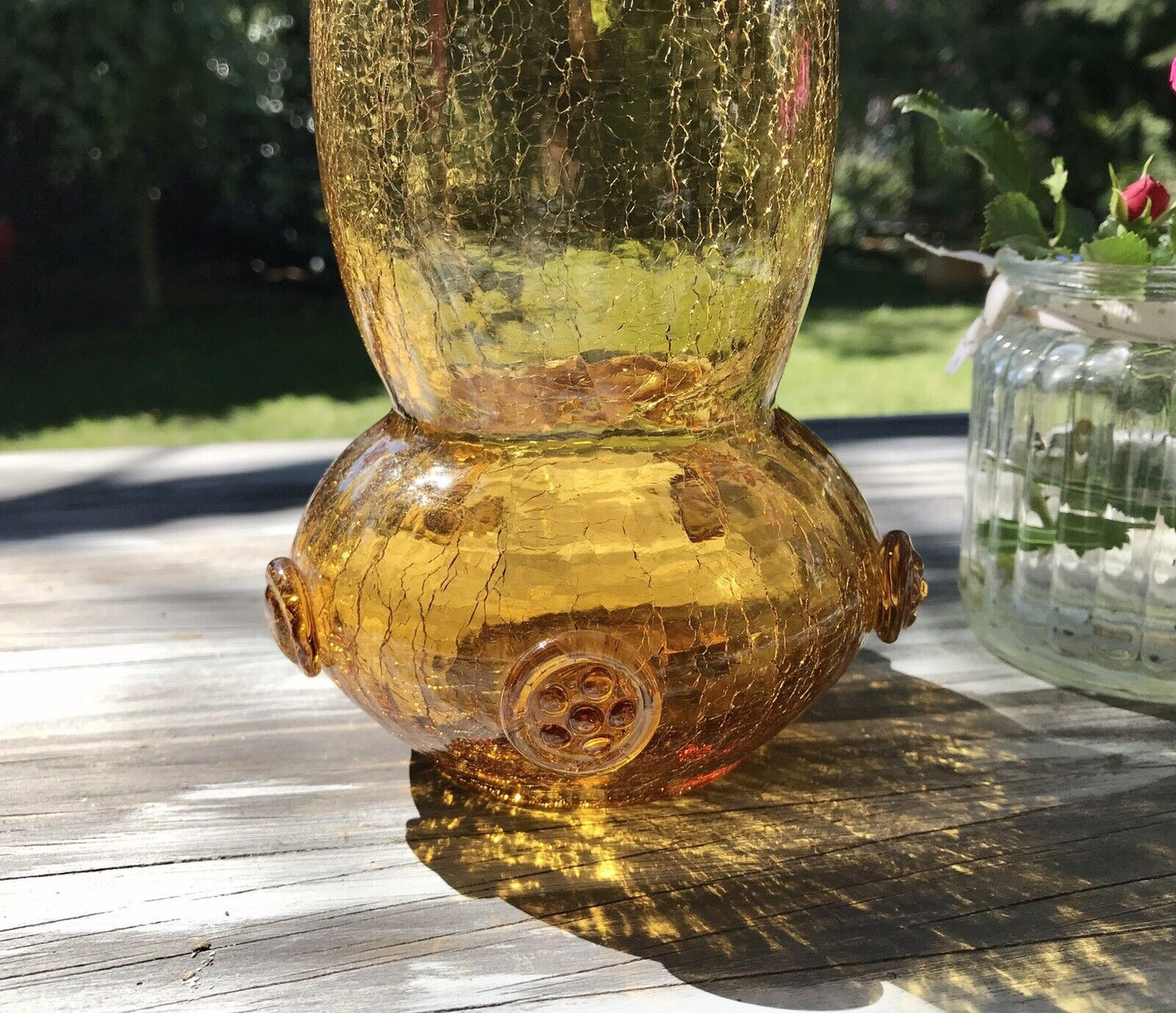 Antik Craqueleè Vase Glasvase Bernstein Gelb Amber Art Déco Nuppen