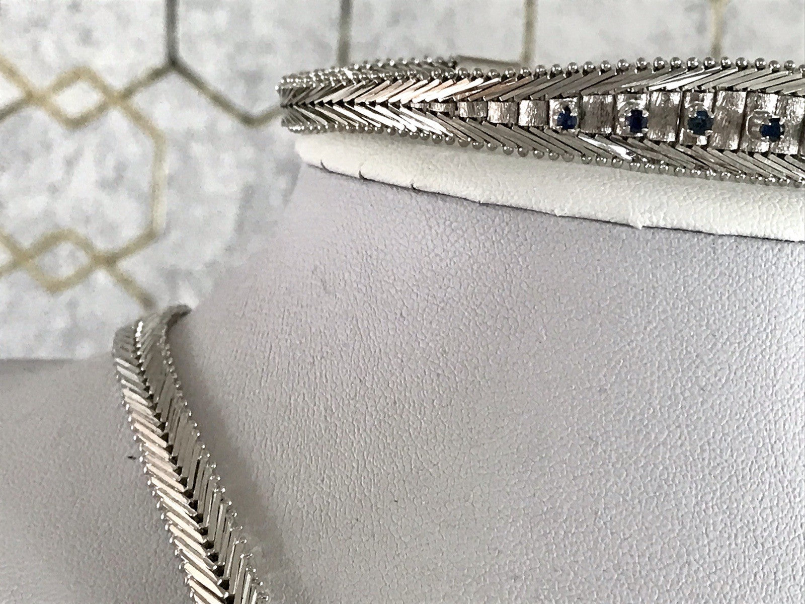 Antik Edel Art Déco 835 Silber Collier rhodiniert Halskette blau Steine Armband