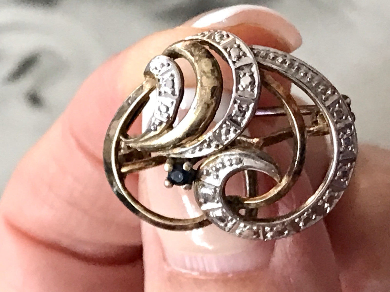 Vintage TeKa Designer Anhänger Brosche Amerik. Doublè vergoldet blauer Stein