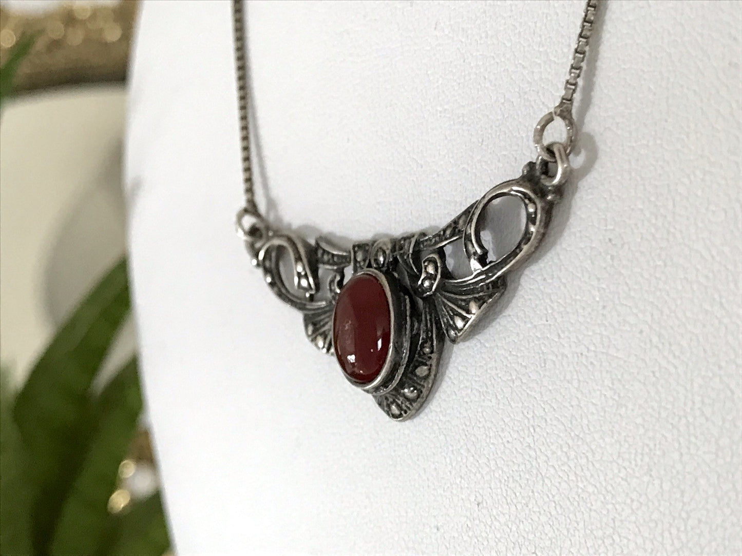 Antik Jugendstil Art Déco 925 Silber Collier Halskette Karneol Granulierungen