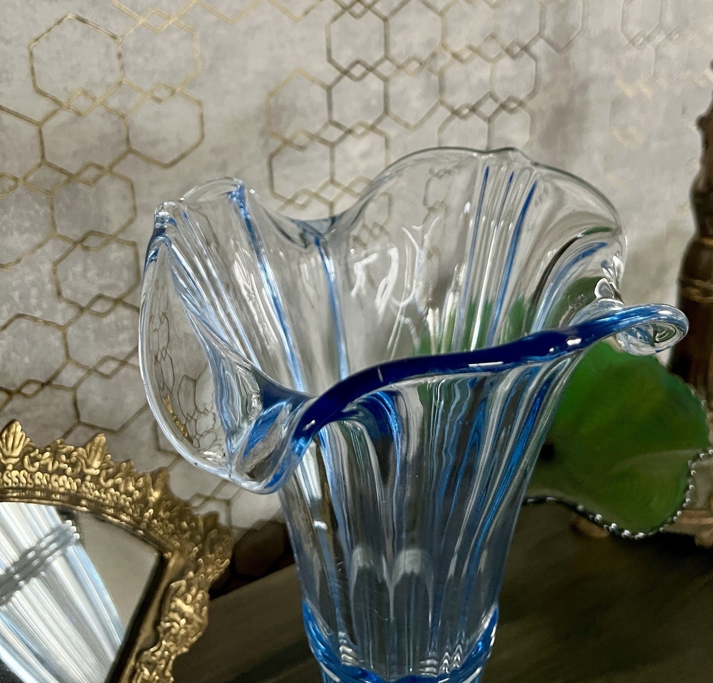 Antik Art Déco 1 GROẞ Bernsdorf Vase Glasvase Pressglas blau Glas RAR! asymmetr.