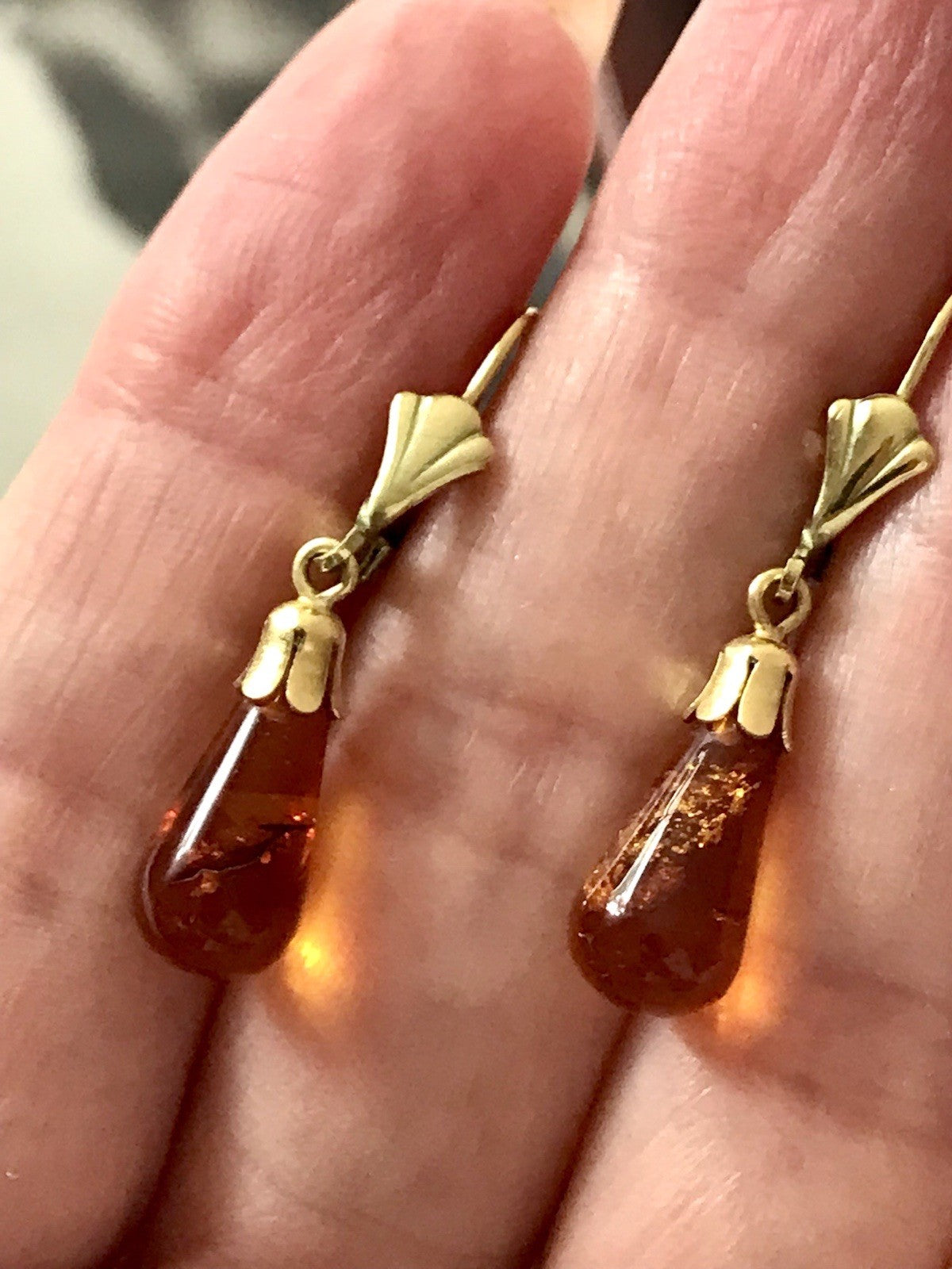 Antik Vintage Ohrhänger Ohrringe Pampel Bernstein ? DAMEN Amerik. Doublè