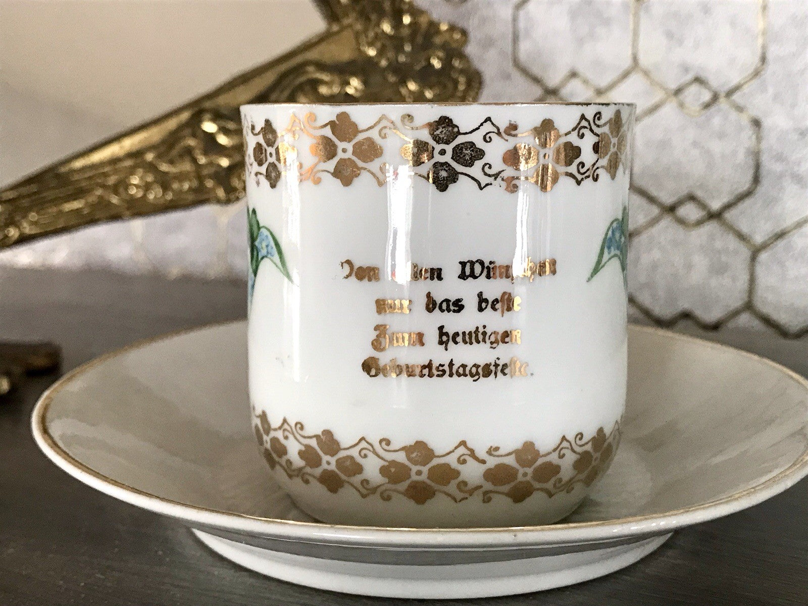 Antik Jugendstil Porzellan Andenken Gedeck Sammeltasse Tasse Geburtstag Spruch