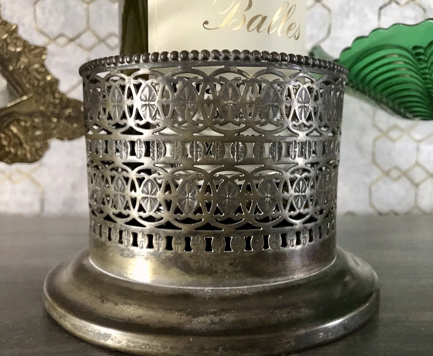 Antik Flaschenhalter Weinflaschenhalter versilbert Jugendstil wunderschön