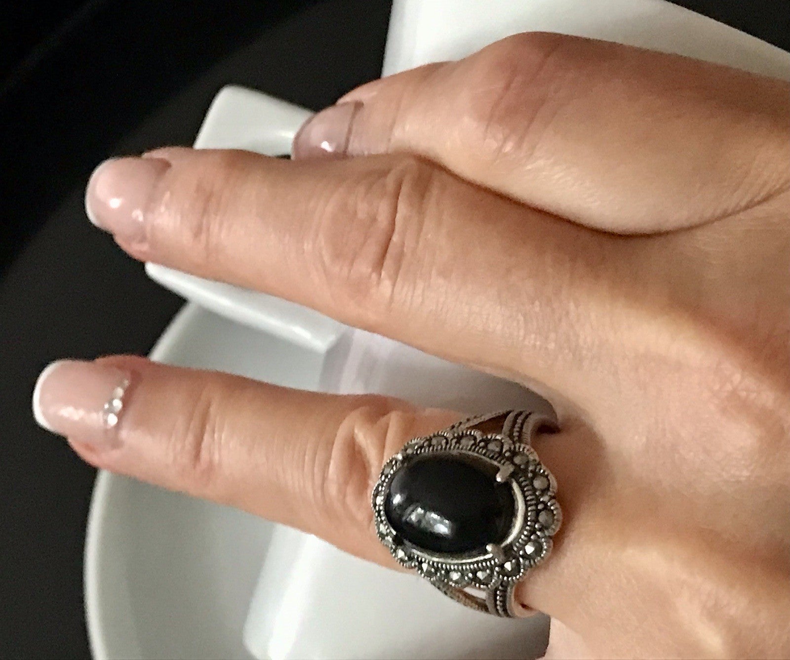 Antik? alt Art Déco Edel Onyx Markasite DAMEN RING Silber 925 Gr.57 18,1