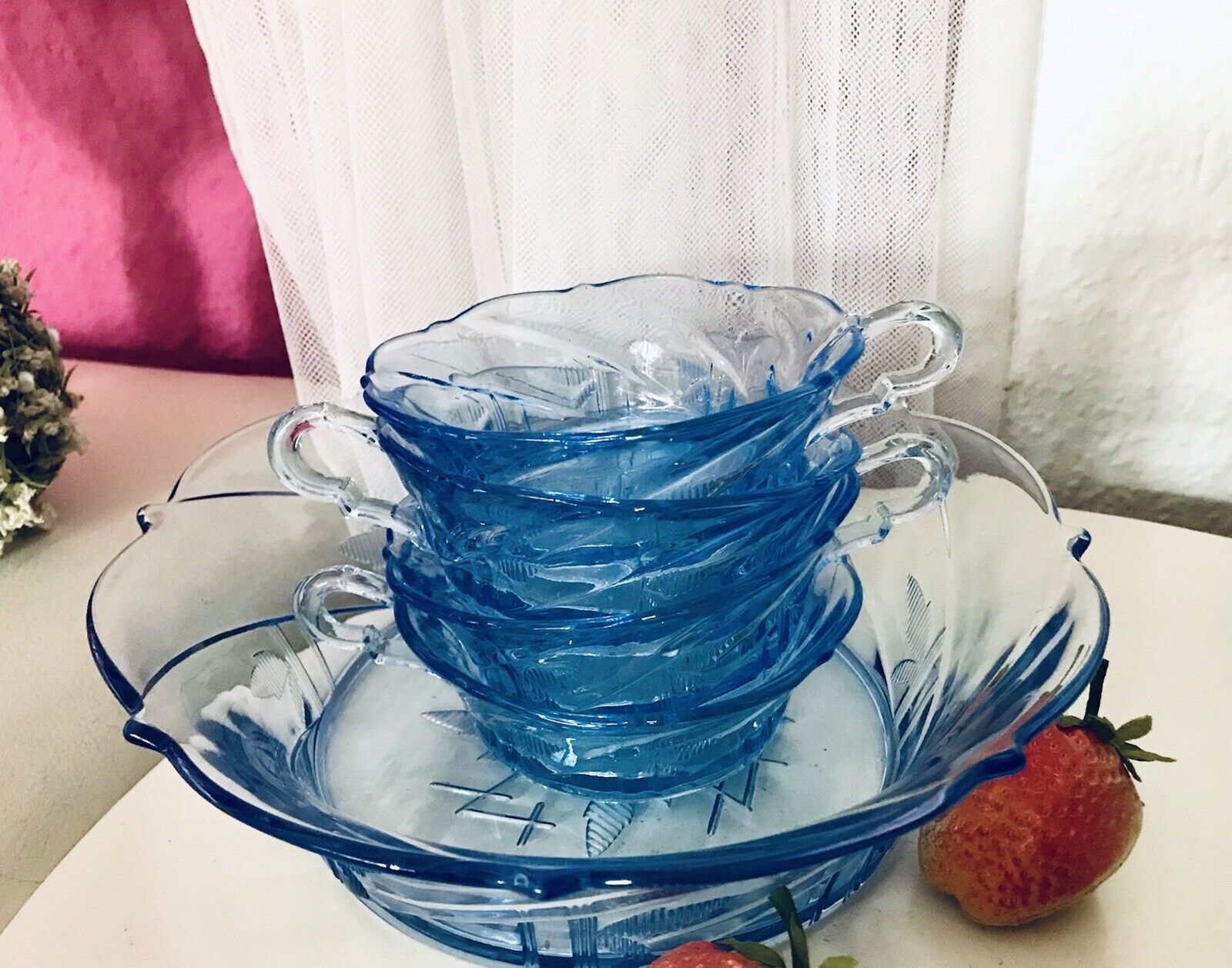 Antik Set blau Dessert Kompott Eis Schale 5x Schälchen Pressglas Art Déco Griffe