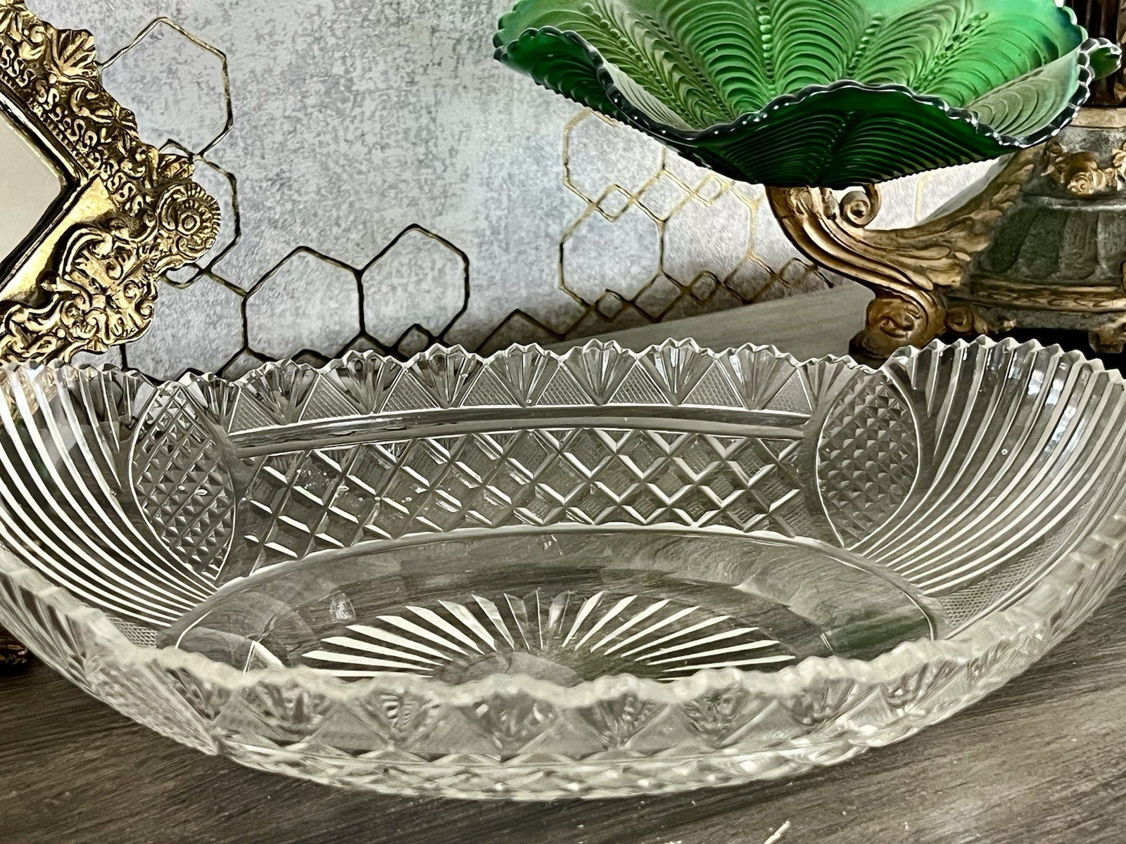 Antik Bleikristall Schale Glasschale Jardiniere Kristallglas Schiffchen Schliff