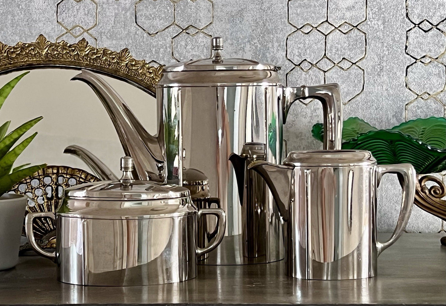 Antik Jugendstil Kaffee Kernstück Zuckerdose Rahmgießer Kanne vernickelt?