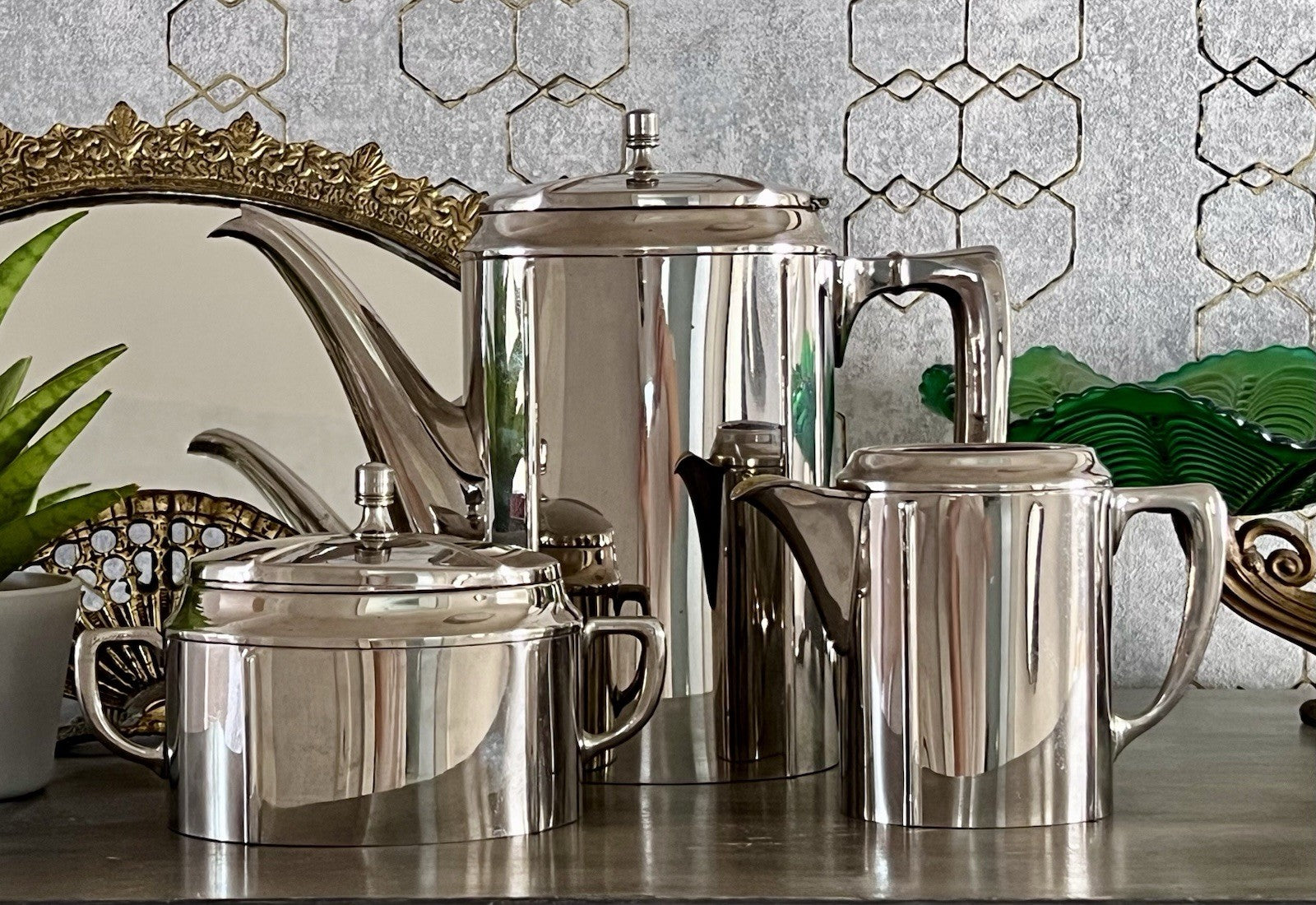 Antik Jugendstil Kaffee Kernstück Zuckerdose Rahmgießer Kanne vernickelt?