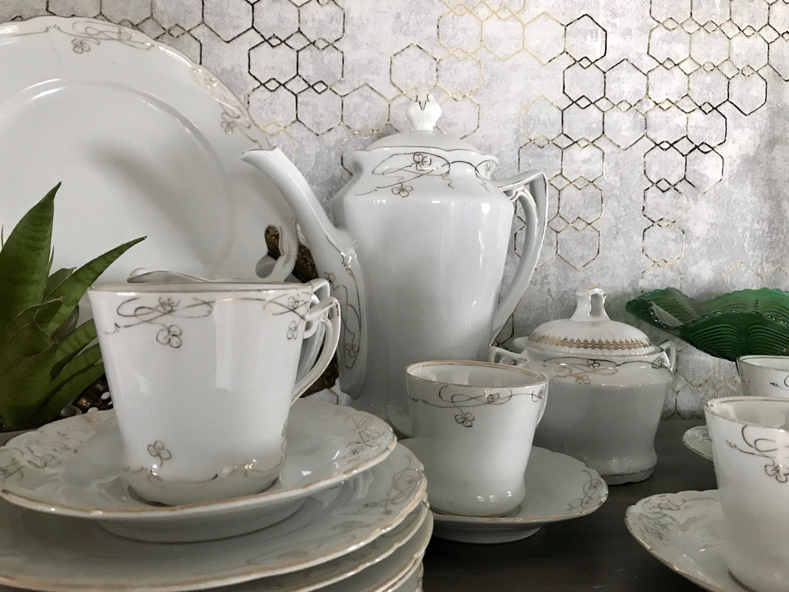 Antik reines Jugendstil Porzellan Kaffeeservice weiß gold 5 Pers. WOW!