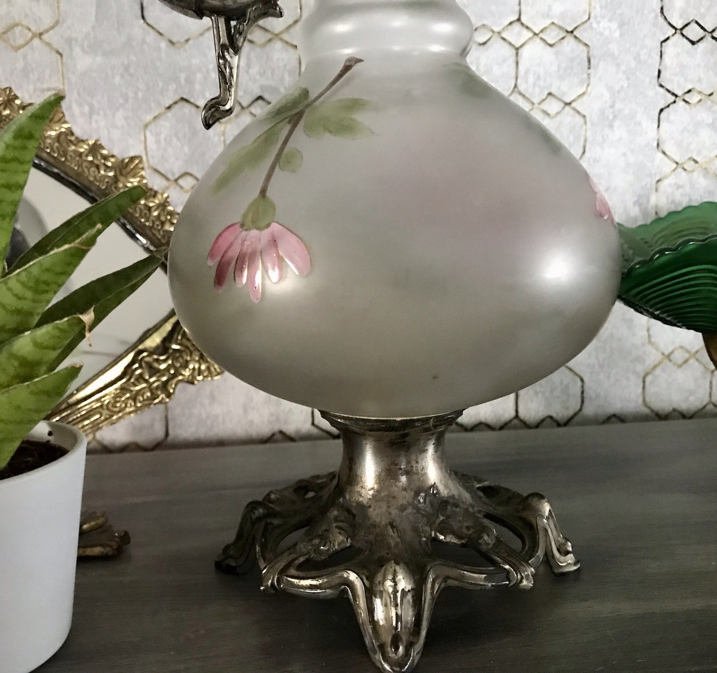 Antik Legras Karaffe Dekanter Schankkrug Glas versilbert Montur bemalt