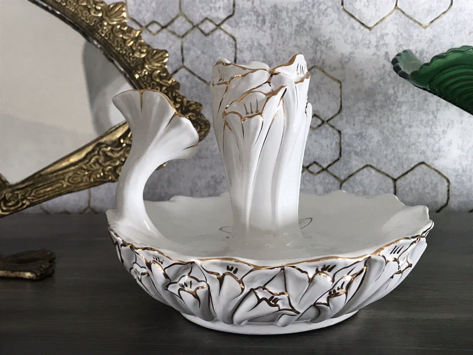 Antik reines Jugendstil Porzellan Kammerleuchter Leuchter weiß gold Libelle