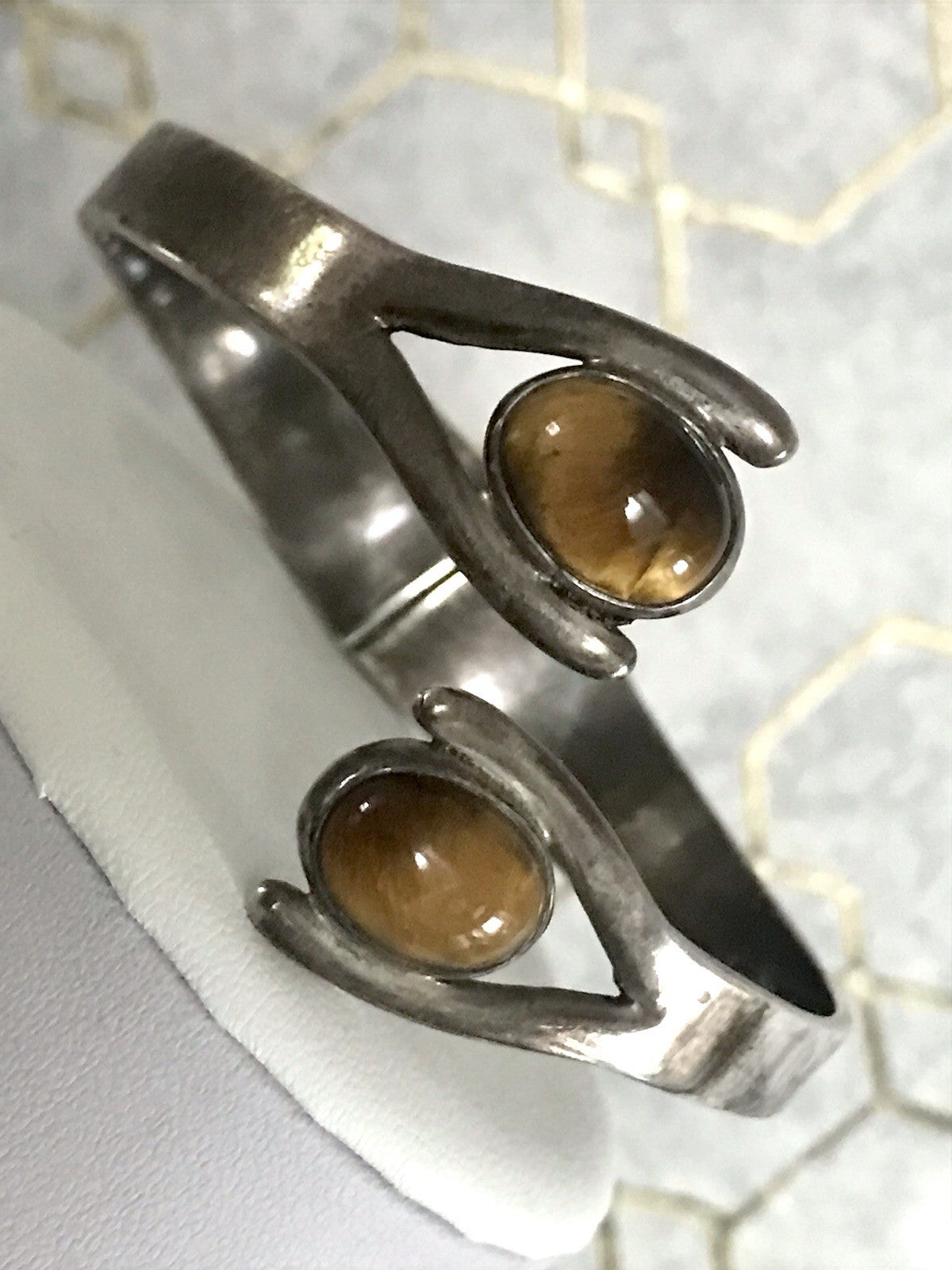 Vintage Set Halsreif Armspange Armband Collier 925 Silber Halskette Tigerauge