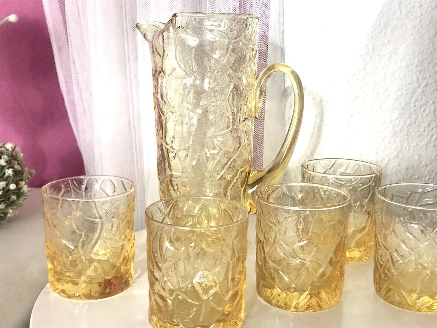 Vintage Designer 60er 70er Krug Kanne Karaffe 5 Becher gelb Glas Reptil Struktur