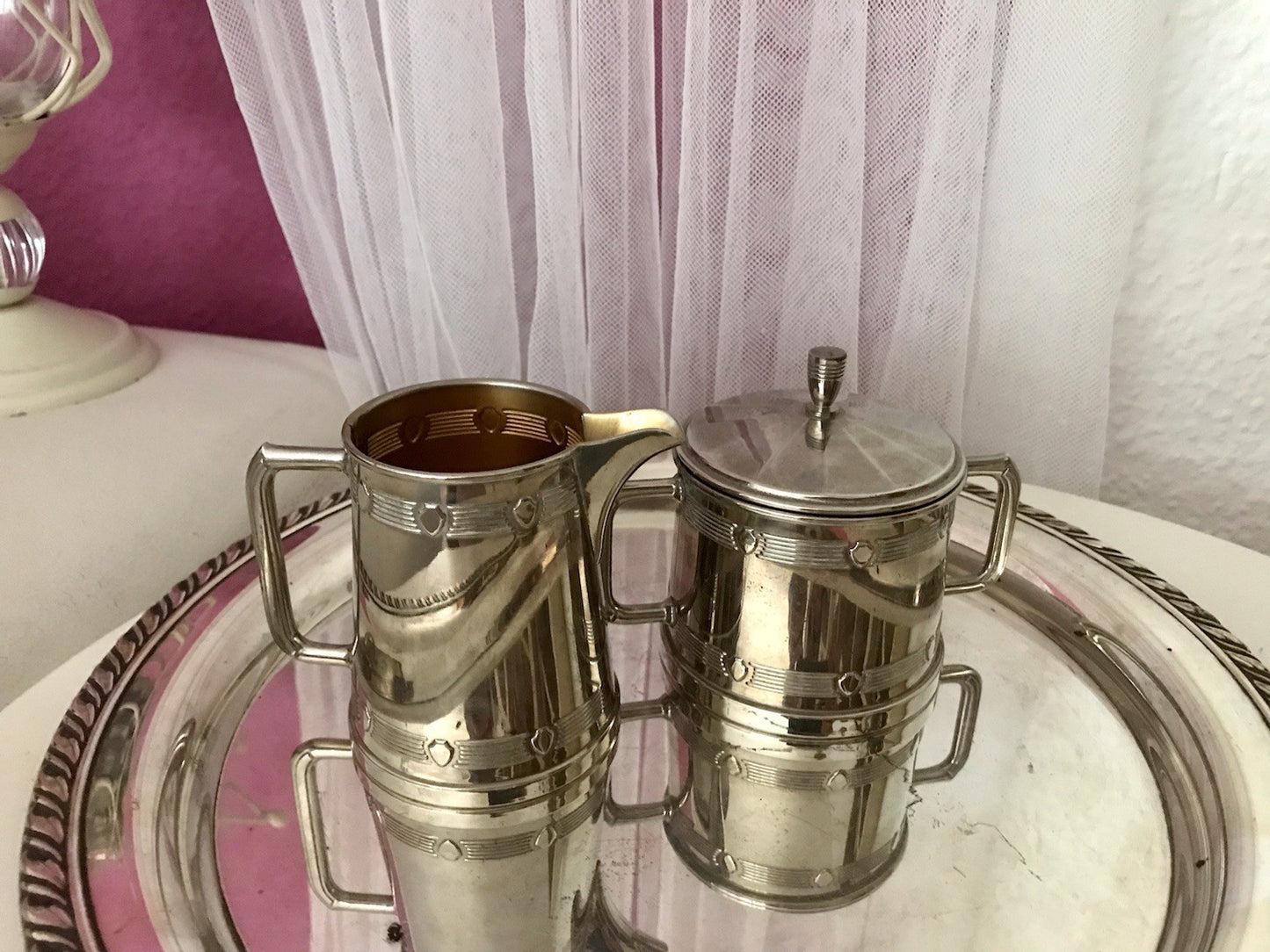 Antik Jugendstil Art Déco Kaffee Kernstück Zuckerdose Rahmgießer verchromt? 2tlg