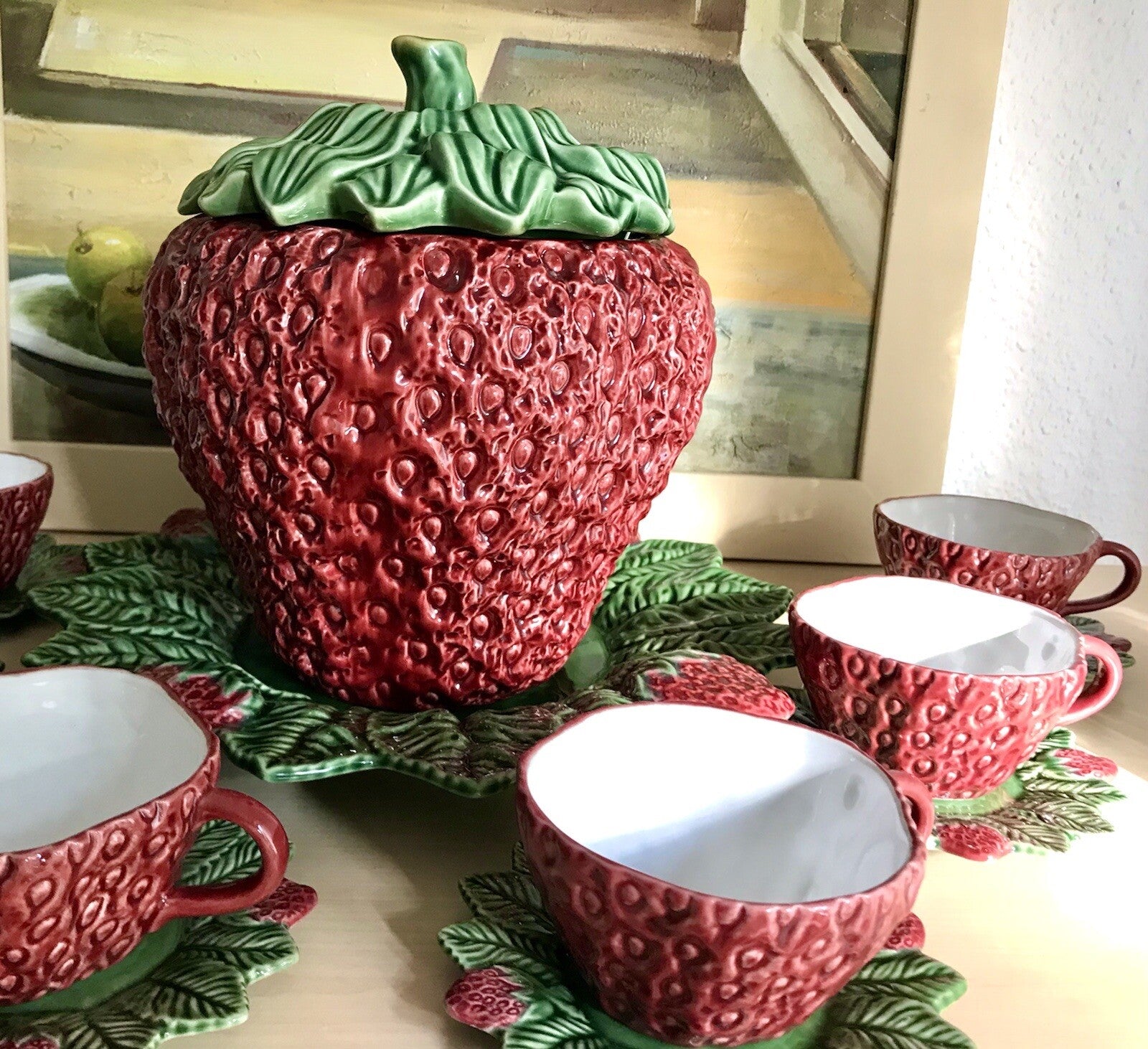 Vintage alt Majolika Keramik Bowle Set Topf 6 Tassen grün rot Erdbeere Pinhero