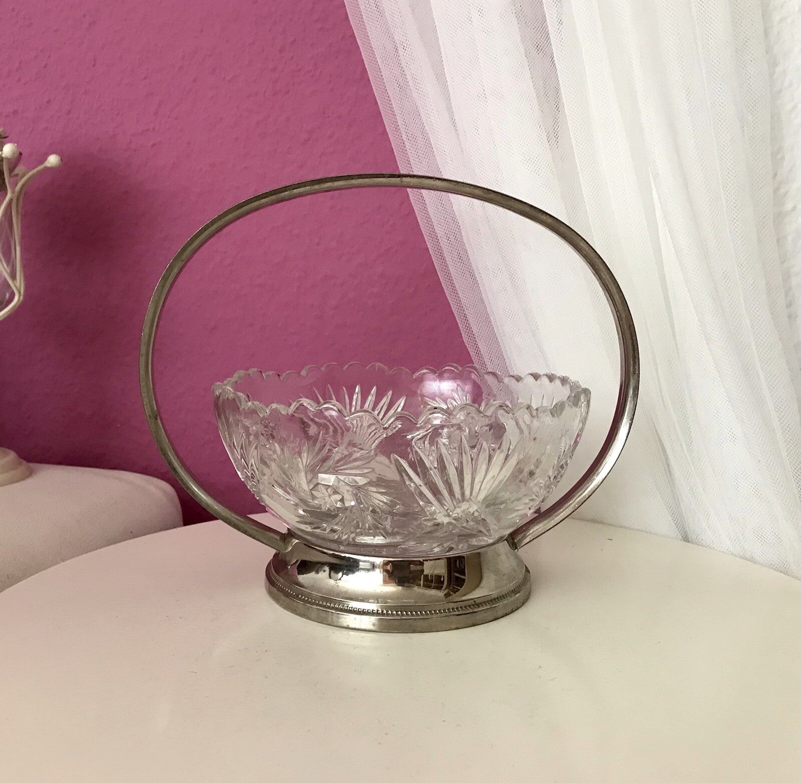 Antik Art Déco Schale Tafelaufsatz Pressglas Metallmontur Korb