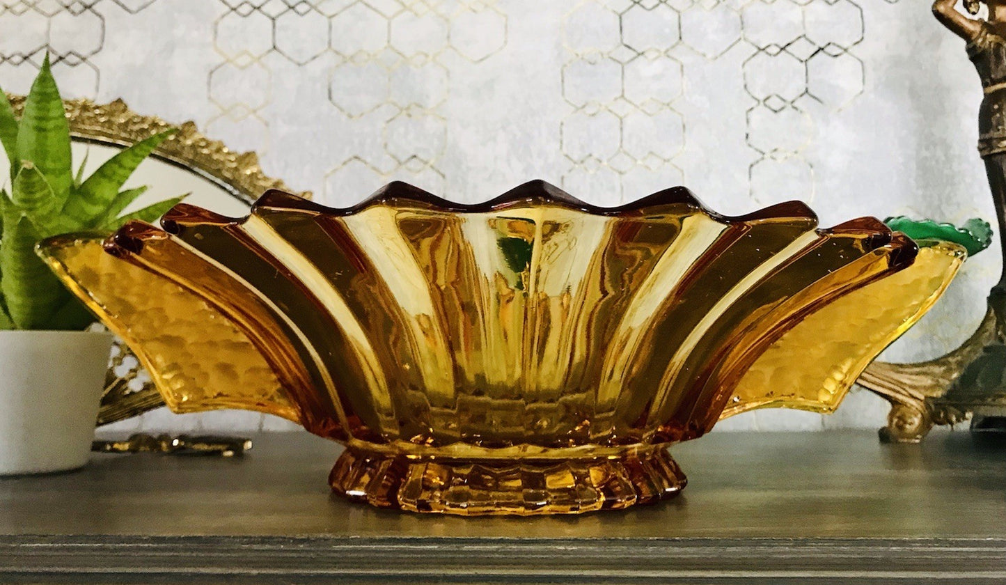 Antik Art Déco gelb Pressglas Schale Glas Brockwitz Prismen Fruchtschale 1941