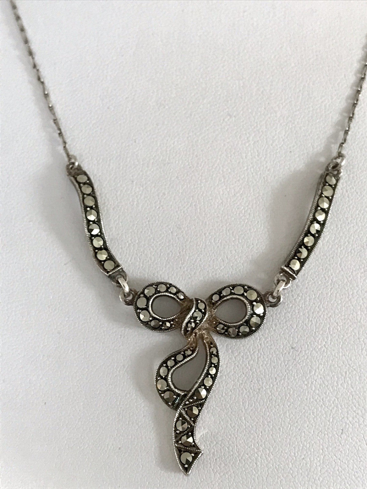 Antik Edel Jugendstil 835 Silber Collier Halskette Markasite Schleife