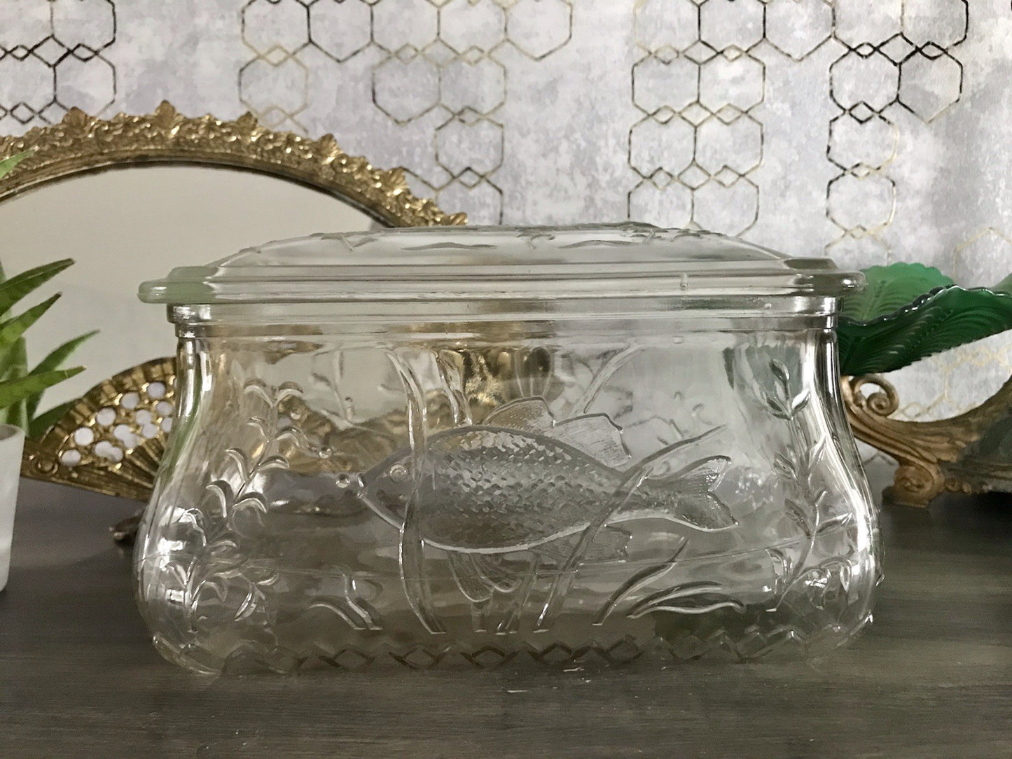 Antik Art Déco Deckeldose Dose Glasdose Pressglas Haribo Lakritze Fischmuster