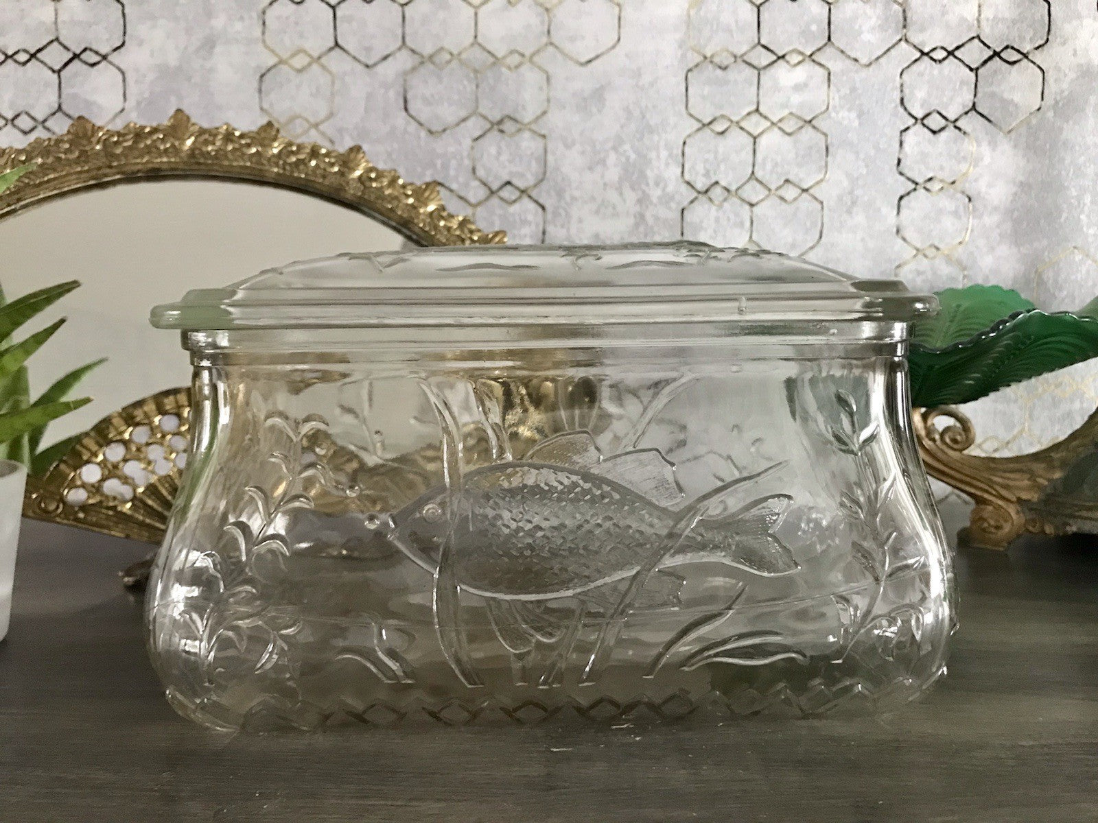 Antik Art Déco Deckeldose Dose Glasdose Pressglas Haribo Lakritze Fischmuster