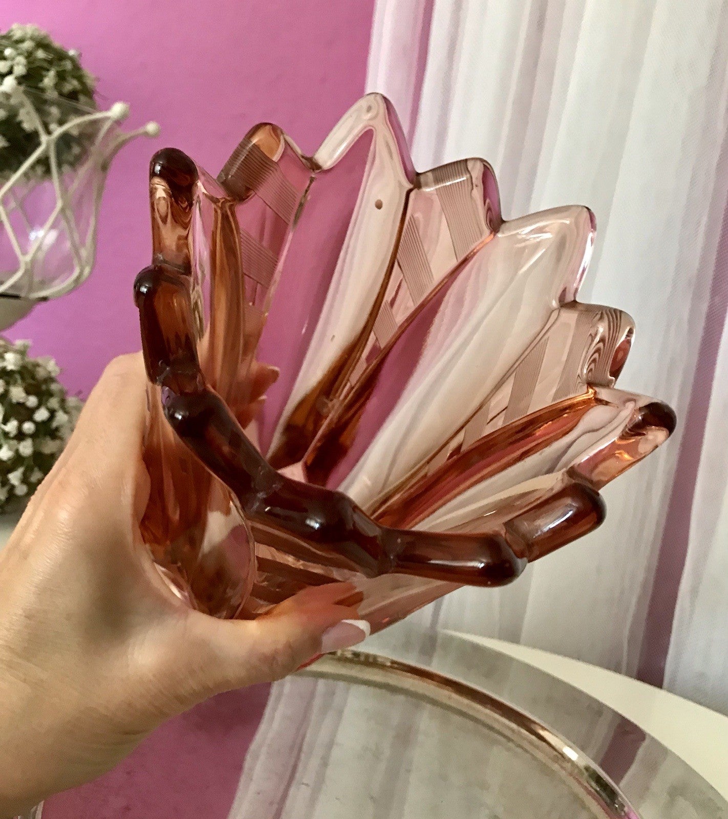 Antik Art Déco Vase Glasvase Pressglas Glas Rosalin rosa Blumenvase Schwepnitz