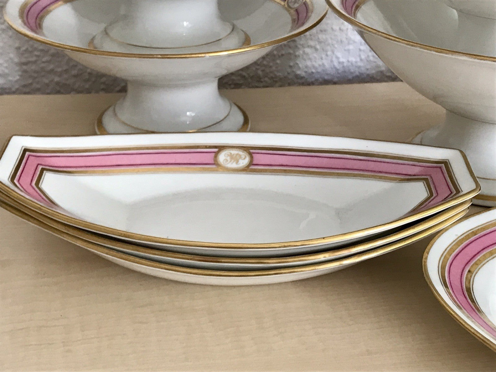 Antik Biedermeier Porzellan 1 Schiffchen Schale  ~1845 Ligatur Monogramm JR