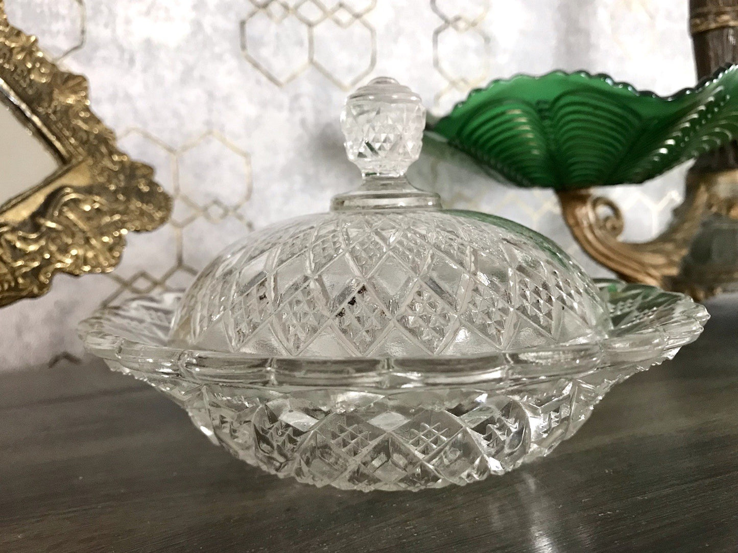 Antik Art Déco Glas Pressglas Butterdose Wunderschön!