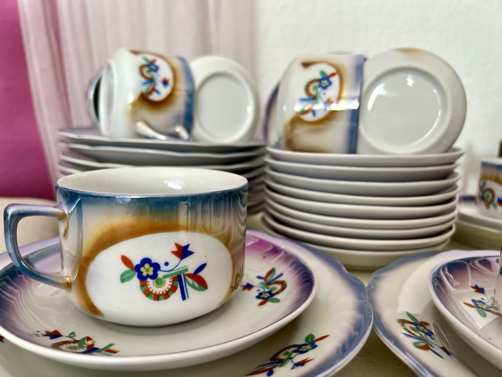 Antik Art Déco Porzellan Kaffeeservice Spritzdekor Teeservice 9 Pers. plus