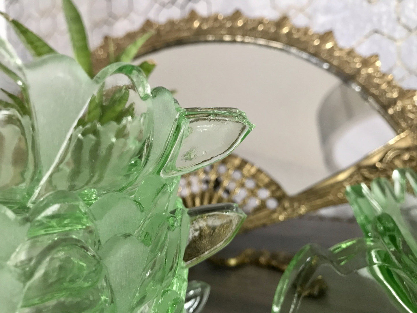 Antik Set grün Dessert Kompott Eis Schale 5x Schälchen Pressglas Art Déco Griffe