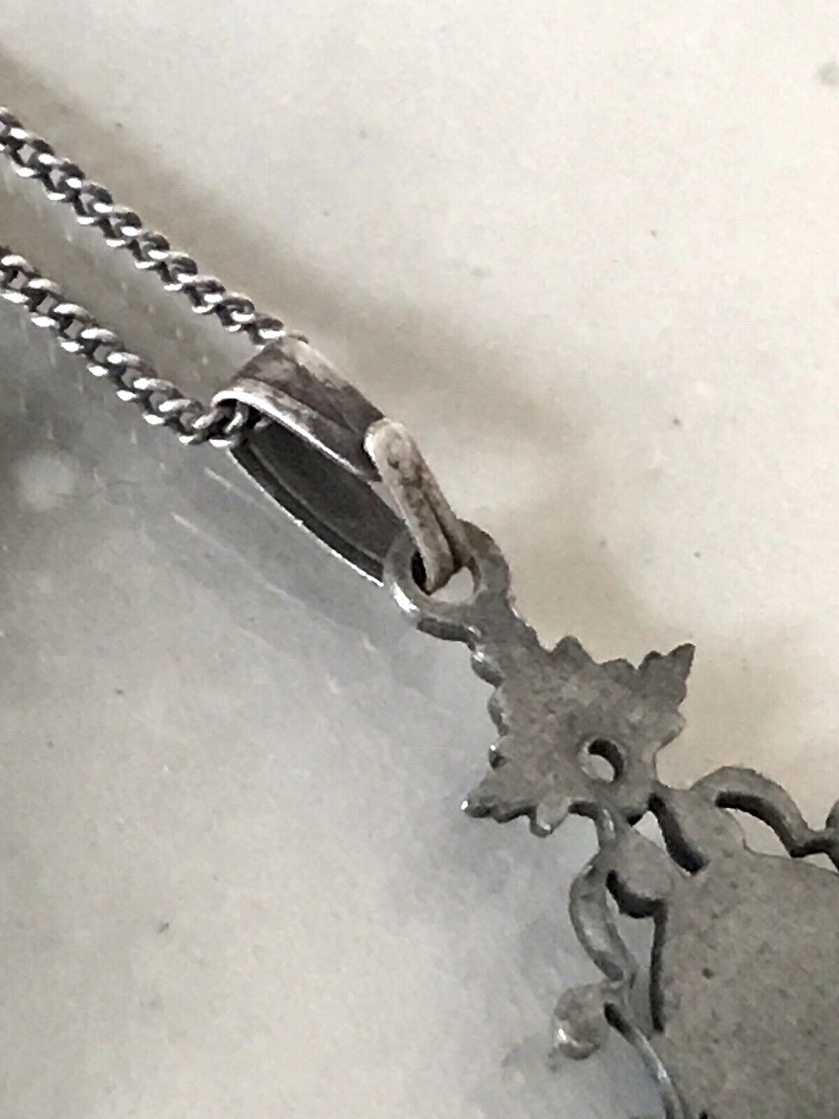 Antik Jugendstil Silber Collier 835 Halskette Anhänger versilbert grün bemalt?