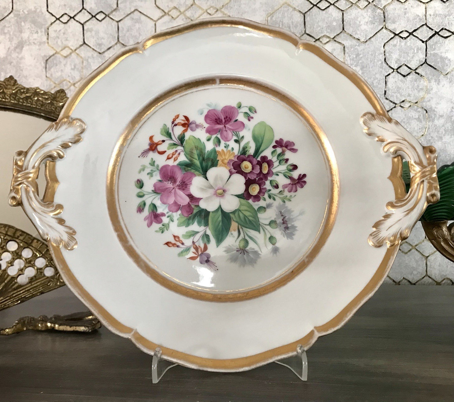 Antik Tielsch Porzellan Schale Zierschale Prunkschale um 1860 Blumenmalerei
