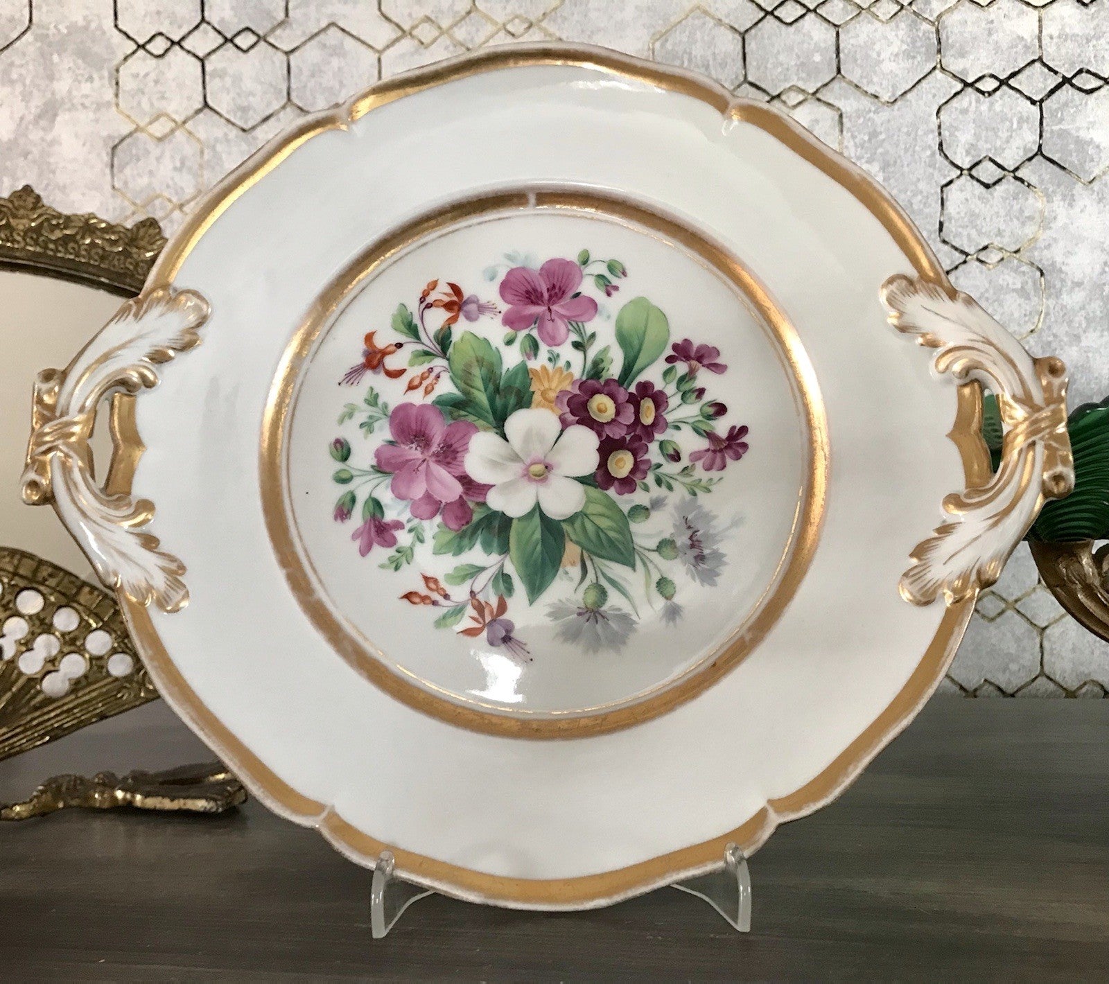 Antik Tielsch Porzellan Schale Zierschale Prunkschale um 1860 Blumenmalerei