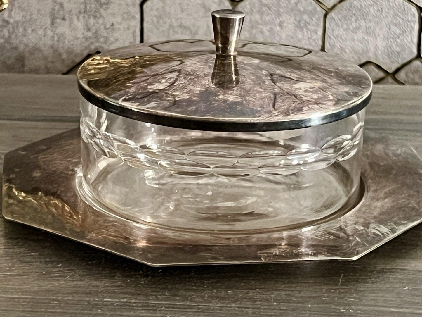 Antik WMF Art Déco Butterdose Dose versilbert Deckeldose Glaseinsatz geschliffen