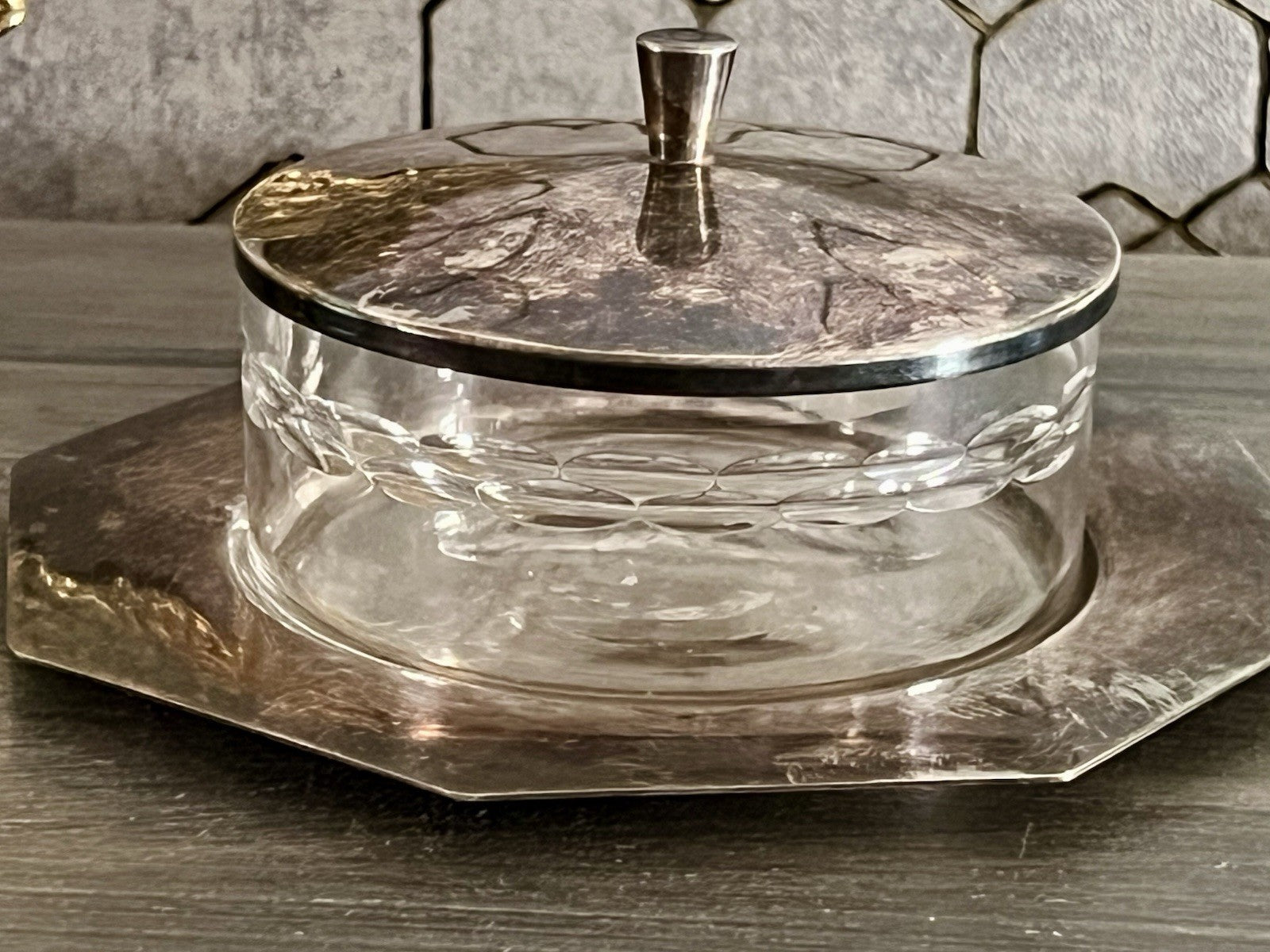 Antik WMF Art Déco Butterdose Dose versilbert Deckeldose Glaseinsatz geschliffen