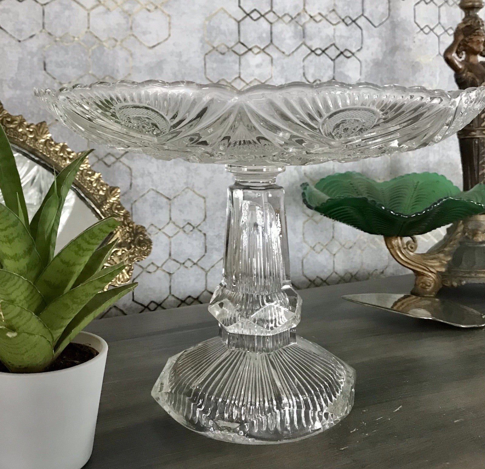Antik Art Déco Pressglas Glas Schale Fußschale Tafelaufsatz Brockwitz Imperial