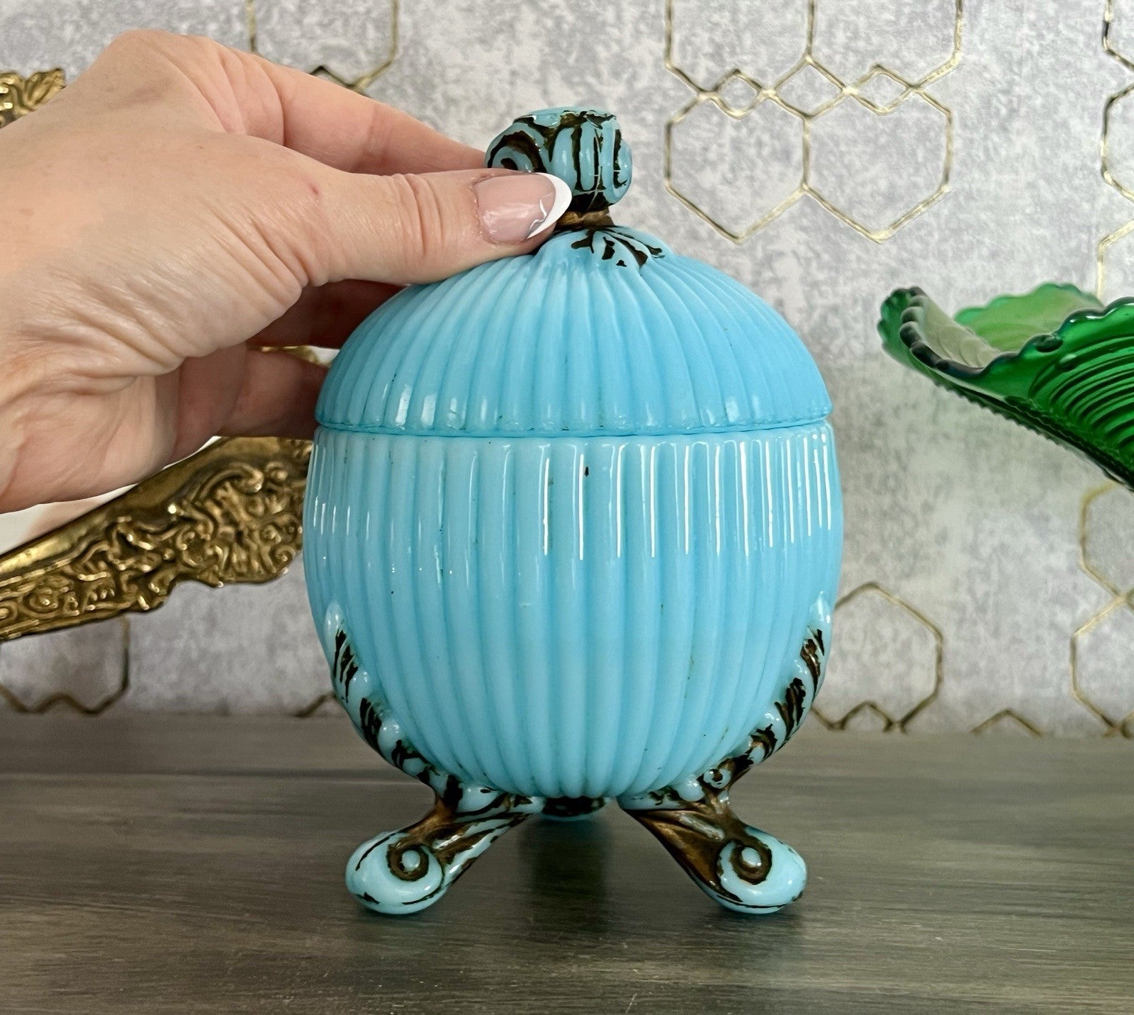 Antik Jugendstil Glasdose Kugel Dose Opalglas Deckeldose blau Pressglas SCHÖN!