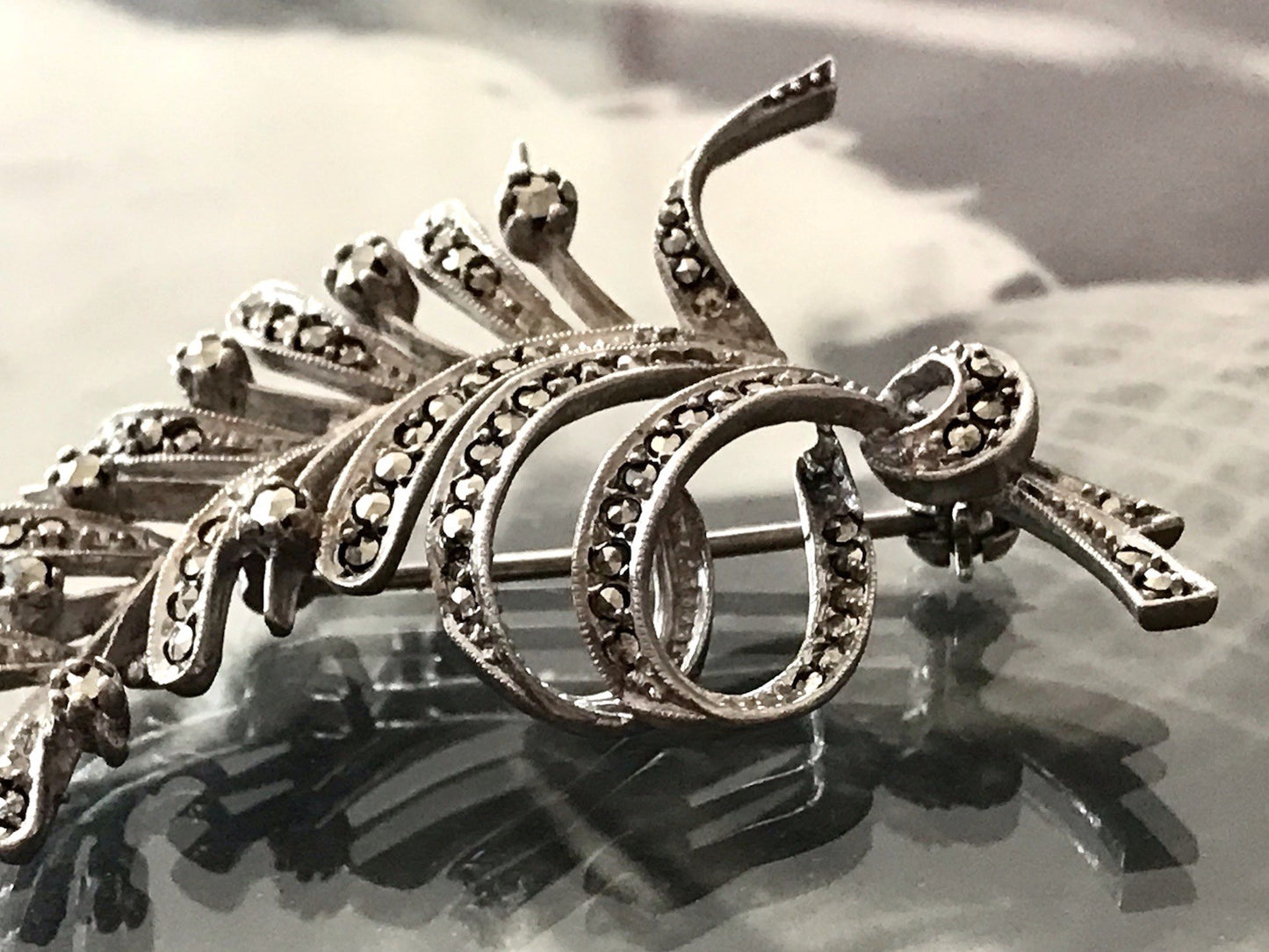 Antik Art Déco Edel prachtvoll Brosche Silber 835 Markasite