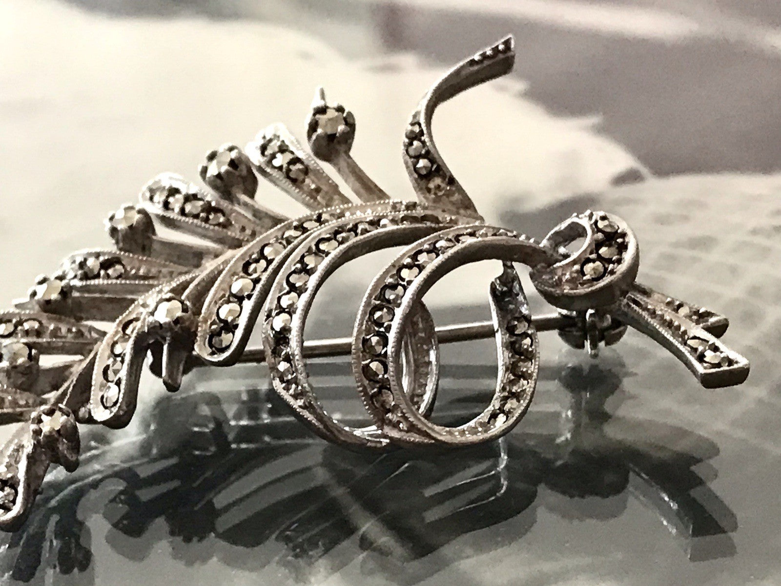 Antik Art Déco Edel prachtvoll Brosche Silber 835 Markasite