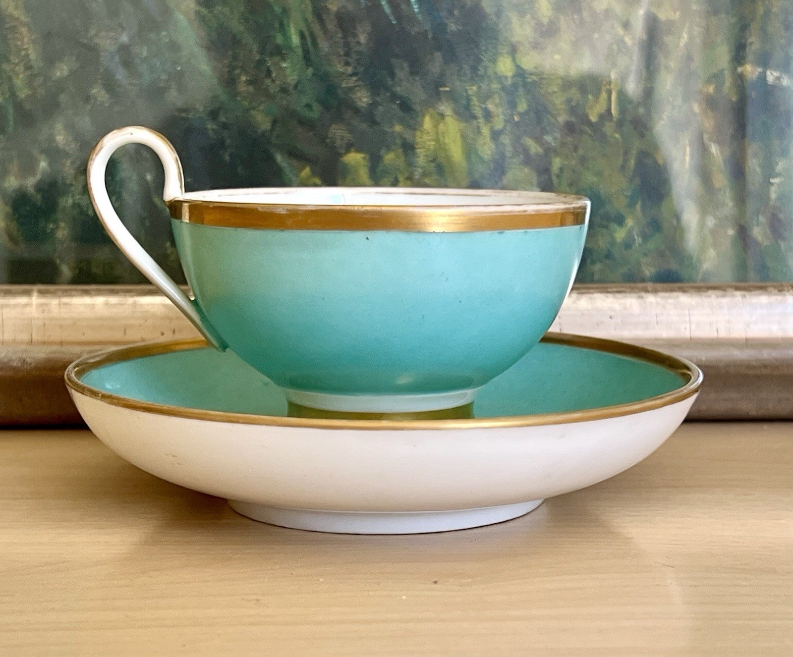Antik Biedermeier Porzellan Kaffeegedeck Tasse Teetasse schön weiß türkis gold!