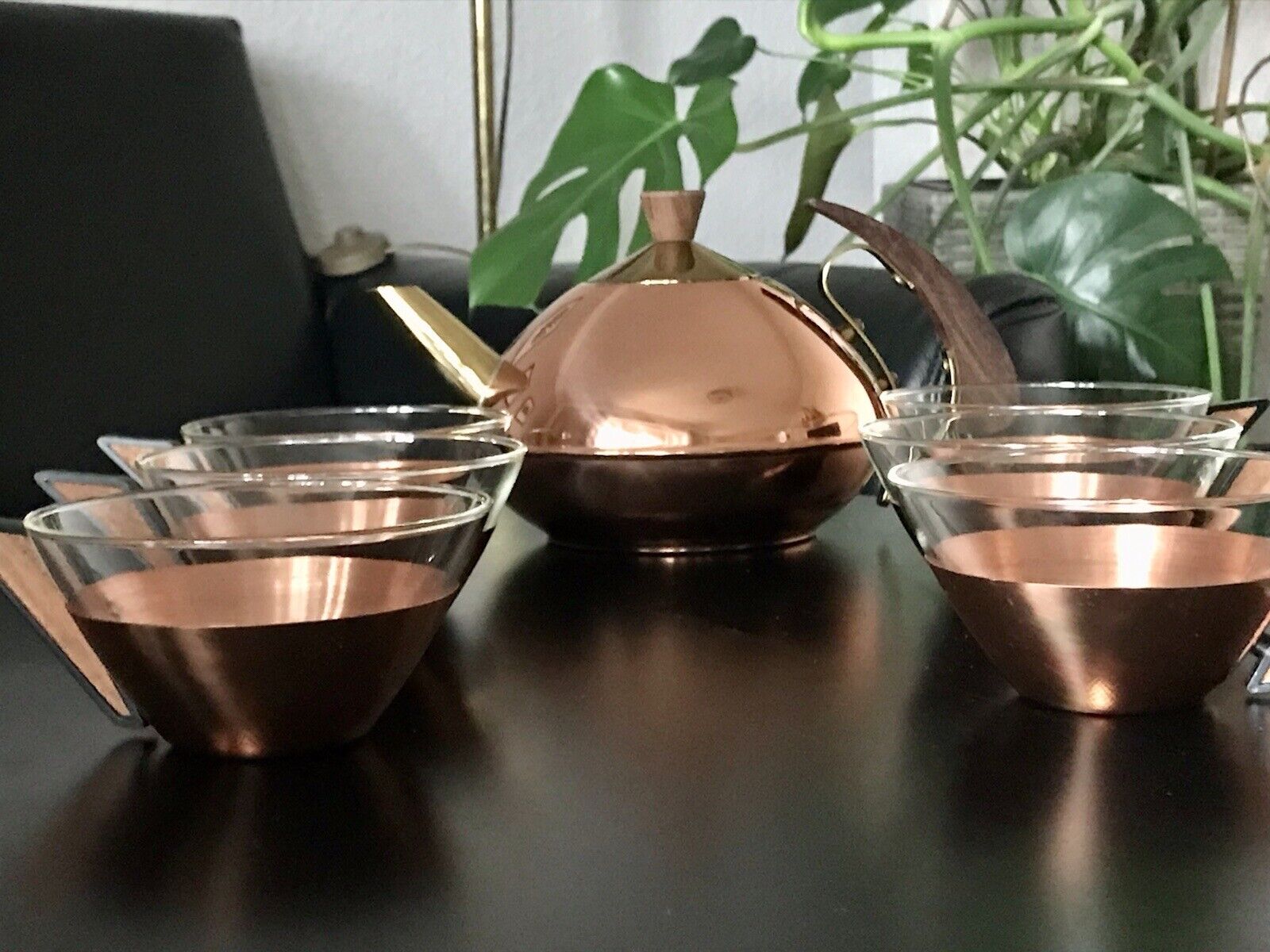 Vintage 60er 6x Teeglashalter mit Glaseinsätzen & Kanne Kupfer Teak