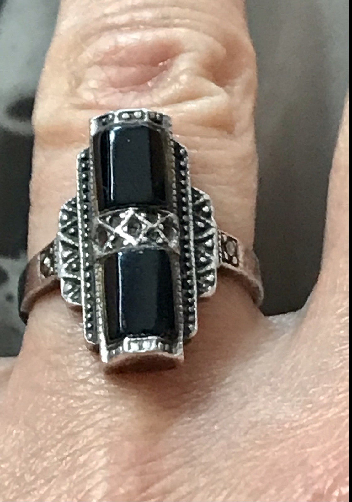 Antik Art Déco Damen Schiffchen Ring Onyx 925 Silber Gr.56 Markasite 18,1