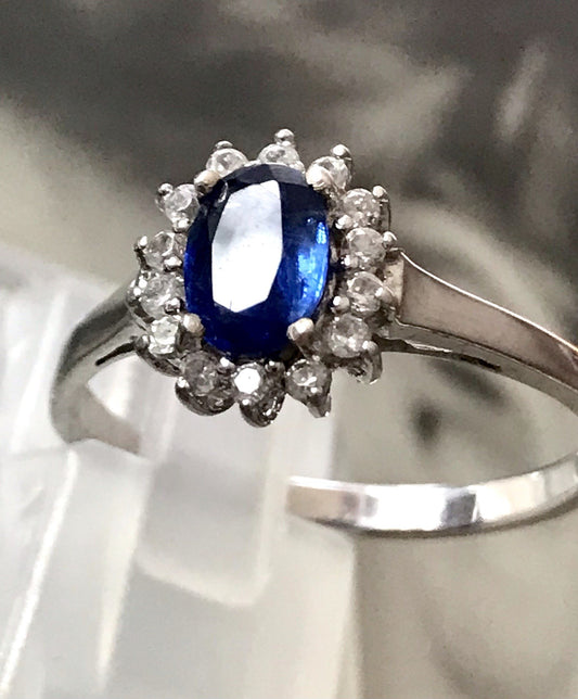 Vintage Entourage Halo Ring farblose Steine & Saphir Silber 925  ~Gr.62 63