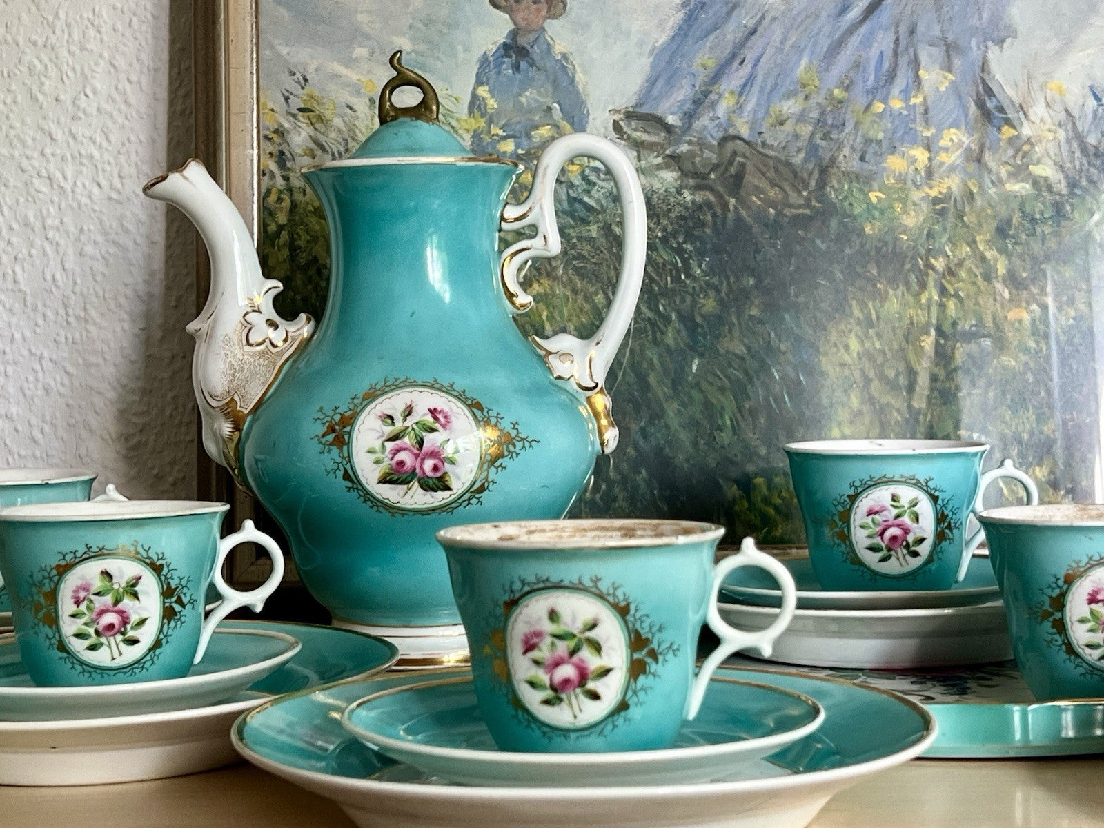 Antik 1870-1900 Porzellan Kaffeeservice 6 Pers. Carl Tielsch Altwasser türkis